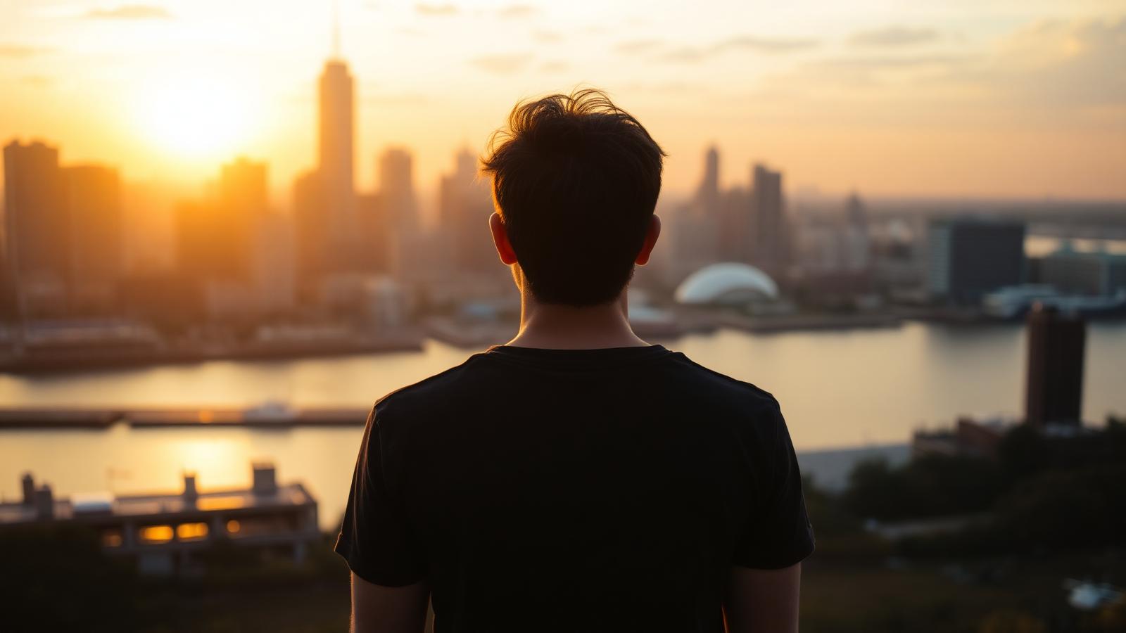 Person looking out over a city skyline at sunset