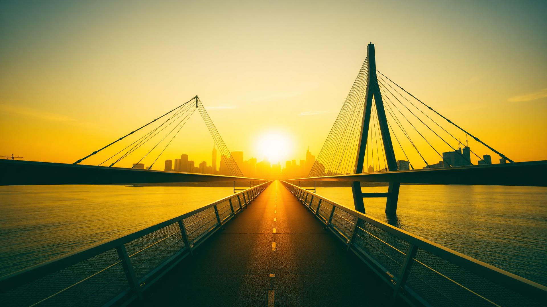 Bridge at sunrise leading toward a city skyline
