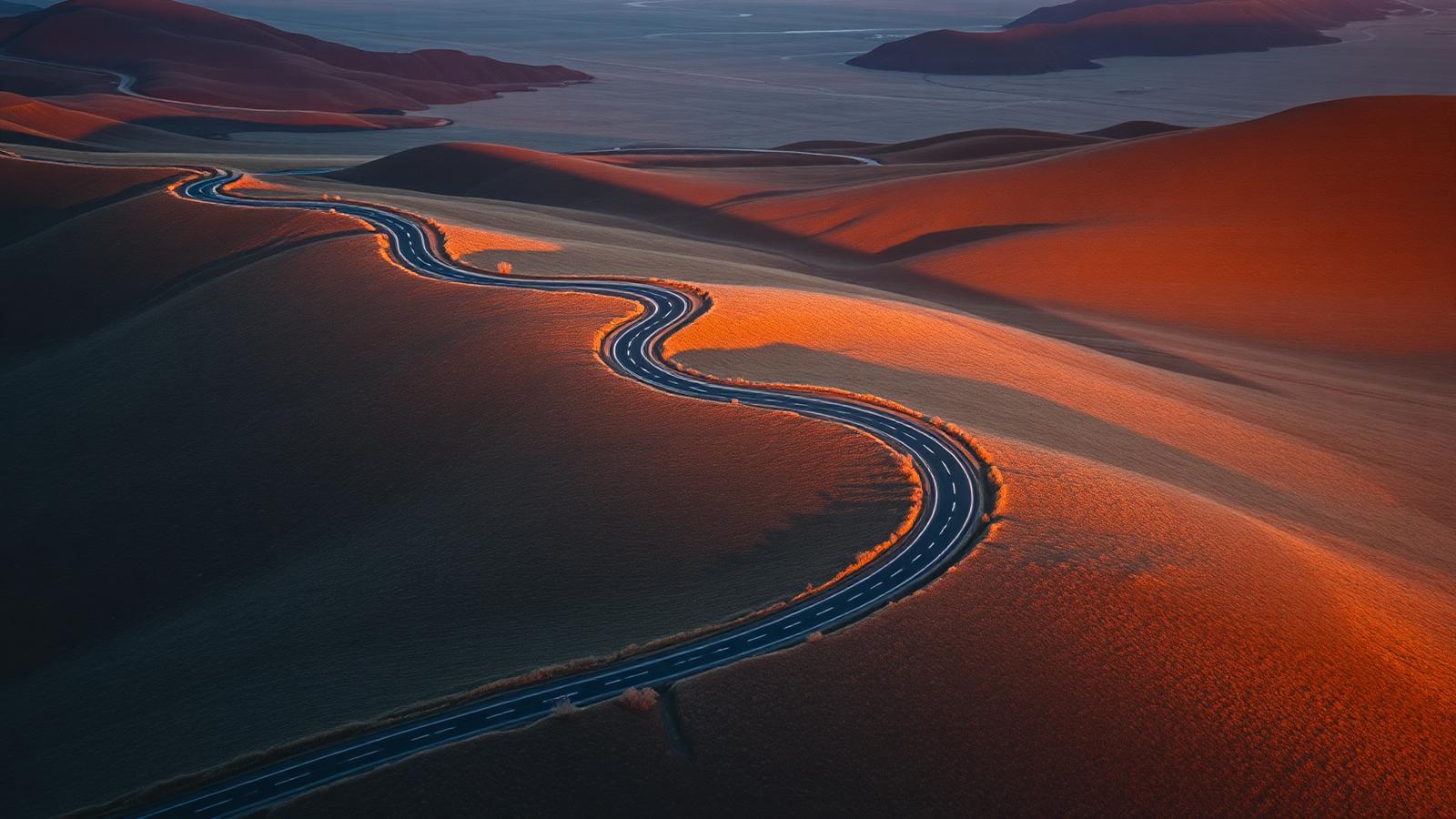 Aerial view of a winding road through a landscape at sunrise
